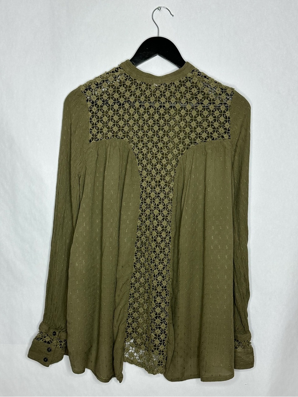 Free People The Best Olive Crochet Lace Button Down Boho Festival Blouse Medium - Picture 3 of 10